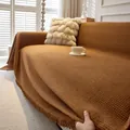 Caramel waffle weave chenille sofa cover with fringed edges and soft texture - 180*90 / Brown