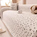 Beige chenille sofa cover with brown floral pattern and elegant fringe tassels - Khaki