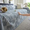 Blue textured triple-layer gauze sofa cover with geometric jacquard patterns and tassels - Light Blue