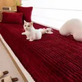 Wine red plush bay window mat with vertical stripes and two matching cushions - Cushion Cover / Red