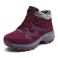 Women's burgundy platform winter boots with thick gray faux fur lining and velcro strap - Rose Red