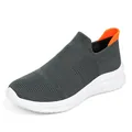Women's dark grey slip-on flyknit running shoes with orange pull tab and white chunky sole - 35 / Gray
