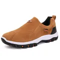Brown nubuck leather men's hiking shoes with slip-on design and durable grip sole - 38 / Yellow