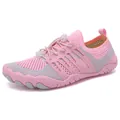 Detail of pink and gray quick-dry water shoes with breathable mesh and toggle lacing system - Pink