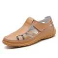Handgefertigte Leder-Sandalen für Damen mit Blumen-Gummisohle und Klettverschluss - 38 / Hellbraun