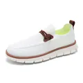 White mesh breathable slip-on loafers for men with brown leather trim and flexible sole - EU 39 / White