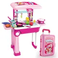 Kids pink kitchen trolley suitcase toy set with cooking accessories and play food items - Pink Kitchen Suitcase (008-921A)
