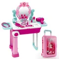 Kids pink makeup vanity set transforming into a portable rolling trolley suitcase toy - Pink Makeup Suitcase (008-923A)
