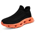 Slip-on breathable knit sports sneakers in black with vibrant orange hollow soles - Black Yellow