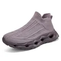 Women's breathable fly-knit slip-on sneakers in purple with hollow wave sole - Pink Purple