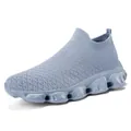 Light blue breathable knitted slip-on sneakers with cushioned hollow-out wave sole - Light Blue