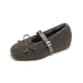Furry Mary Jane ballet flats with bow and strap in dark brownish grey with faux fur texture - 35 / Gray