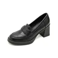 Classic black leather chunky heel loafers for women with a minimalist slip-on design - EU 34 / Black