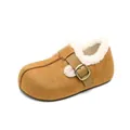 Brown suede platform loafers with thick white faux fur lining and metal buckle accent - EU 34 / Chestnut