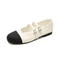French style two-tone Mary Jane flats in beige leather with black cap toe and buckled straps - 35 / Off White