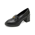 Classic black leather platform loafers with chunky heels and gold camellia floral buckle - EU 34 / Black