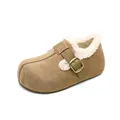Khaki suede platform mules with warm fleece lining and adjustable metal buckle - EU 34 / Sand