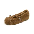 Brown fuzzy faux lamb wool Mary Jane flats with bow and adjustable buckle strap - 35 / Brown