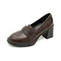 Classic dark brown chunky high heel loafers for women with a vintage round toe design - EU 34 / Brown