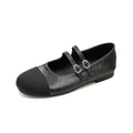 Classic black Mary Jane flat with dual rhinestone straps and contrast fabric toe cap - 35 / Black