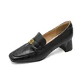Retro black square toe loafer pumps with gold flower buckle and 5cm block heel - EU 34 / Black