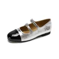 Kids French style silver Mary Janes with black contrast toe and camellia texture - EU 35 / Silver