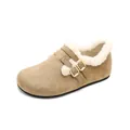 Khaki suede winter Birkenstock slippers for women with plush lining and gold buckles - EU 35 / Sand