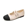 Beige Mary Jane ballet flats with black toe cap and rhinestone straps in French style - 35 / Pink