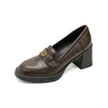Dark brown high heel loafers featuring vintage gold floral buckle and thick block heel - EU 34 / Brown