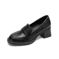 Classic black leather chunky heel loafers with a round toe and retro office style - EU 34 / Black