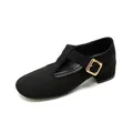 Classic black suede Mary Jane shoes with thick heels and gold buckle closure - EU 35 / Black