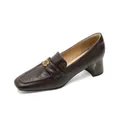 Deep brown square-toe loafers for women with a gold rose buckle and thick block heel - EU 34 / Brown