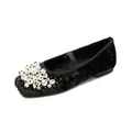 Elegant black velvet Mary Jane flat shoes with pearl and rhinestone embellishments - EU 35 / Black
