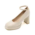 Elegant beige platform Mary Jane pumps with thick high heels and ankle strap - EU 34 / Apricot