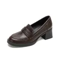 Dark brown leather chunky heel loafers with retro square toe and elegant finish - EU 34 / Brown