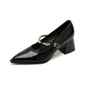 Elegant black patent leather Mary Jane pumps with chunky heels and gold metal buckle - EU 34 / Black
