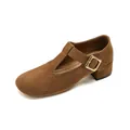 Brown suede Mary Jane shoes with T-strap and golden square buckle on white background - EU 35 / Brown