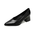 Zapatos de tacón negros clásicos con punta fina, tacón ancho y acabado texturizado - EU 35 / Cuero Negro
