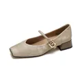 Champagne satin square toe Mary Jane shoes with retro block heel and metal buckle strap - EU 35 / Apricot