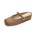 Brown woven raffia Mary Jane flat mules with leather trim and adjustable buckle - EU 35 / Brown