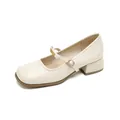 Elegant off-white Mary Jane pumps with square toe, t-strap and low block heel - 35 / Off White