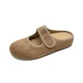 Brown suede Mary Jane mule shoes with velcro strap and platform sole on white background - EU 35 / Khaki