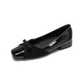 Elegant black square toe flat shoes with ribbon bow detail in mixed leather finish - EU 35 / Black