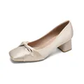 Elegant champagne satin square toe pumps with metallic block heels and knot decor - EU 34 / Champagne