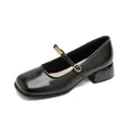 Classic black patent leather Mary Jane shoes with square toe and gold buckle detail - 35 / Black