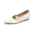 Elegant white satin Mary Jane flat shoes with decorative gold camellia rose buckle - 35 / Off White