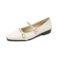 Chic cream-colored Mary Jane flats with square toe and double golden chain straps - 35 / Off White
