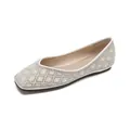 Elegant off-white pointed-toe flats with silver rhinestones and faux pearls for women - EU 35 / Square Toe - Beige