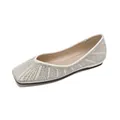 Beige pointed-toe flat wedding shoes with wave pattern rhinestones and pearls - EU 35 / Square Toe