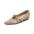 Elegant champagne satin Mary Jane flats with rose charm and pointed toe design - 35 / Champagne